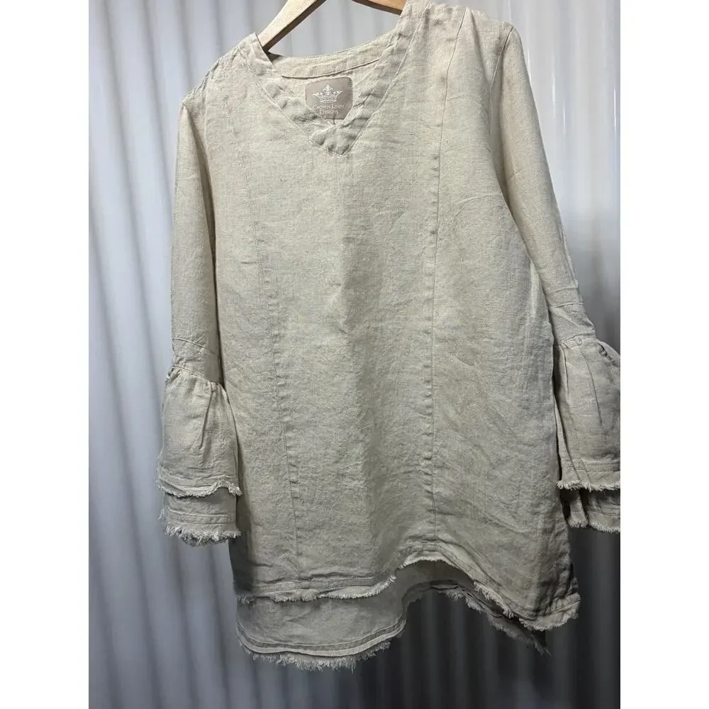 Crown Linen Designs Bella Bell Sleeve Top Large Flax Beige V-Neck Linen Tunic - Picture 10 of 12